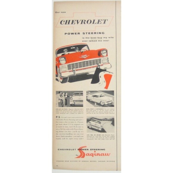 1956 Vintage Chevrolet Power Steering Print Ad By Saginaw MOD - Picture 2 of 2